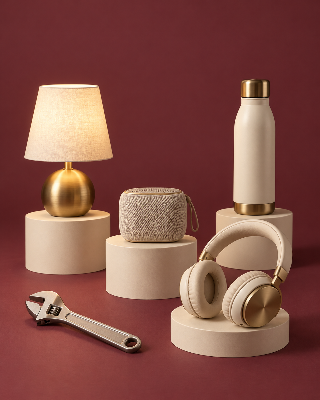 Composição ilustrativa com luminária, fones, caixa de som, garrafa térmica e ferramenta